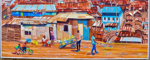 Ein Bild gemalt vom kenianischen Künstler Adam Masava. Es zeigt Erwachsene und Kinder die auf einer Straße ihren Alltäglichen Beschäftigungen nachgehen. (Waren verkaufen, spielen, Radfahren, sich unterhalten,...) Dahinter befinden sich viele Häuser.