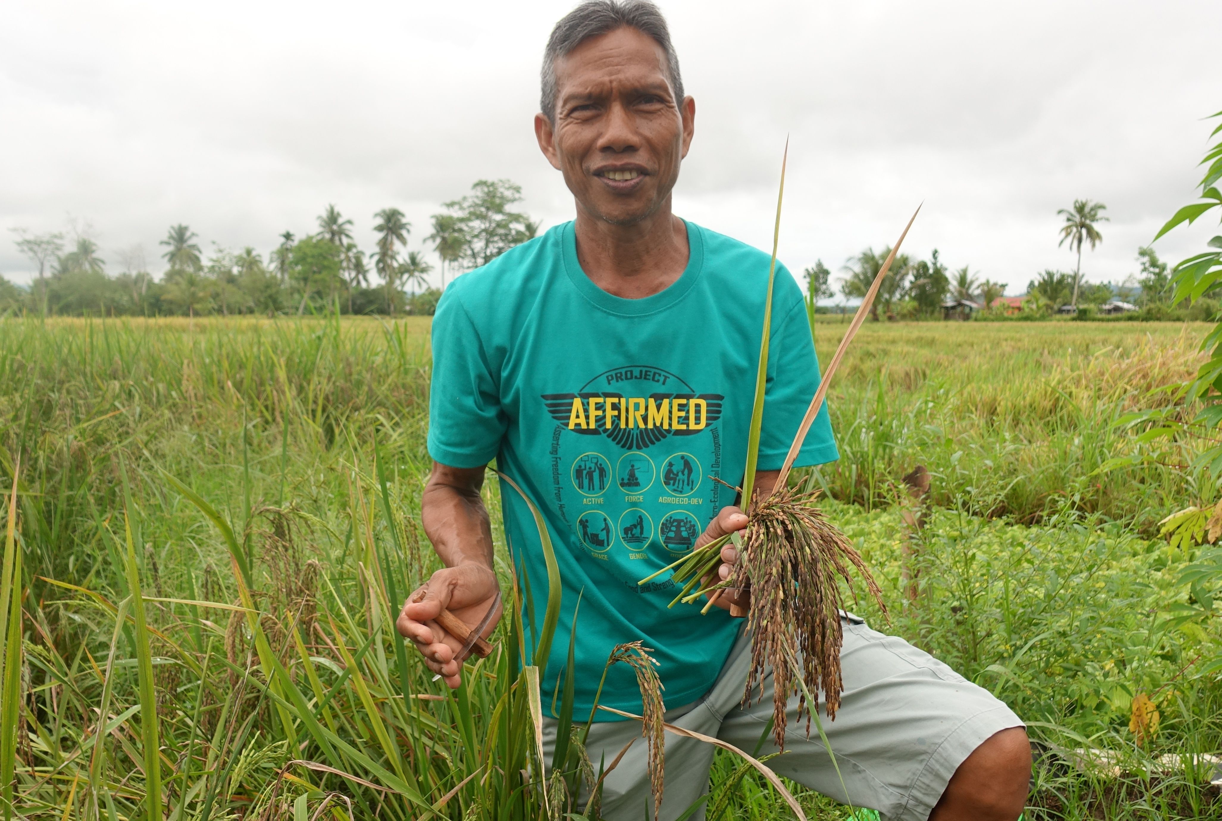 Ein Mann steht in einem Feld und zeigt etwas von dem angebautem Getreide.