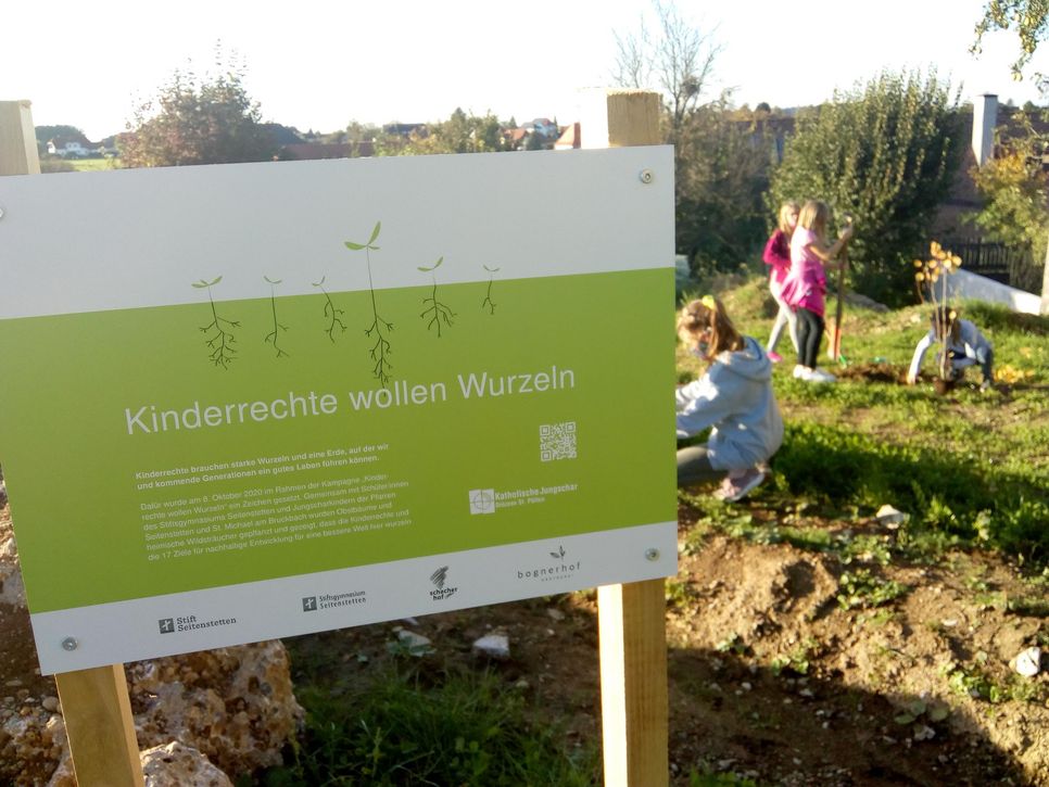 Im Rahmen der Pflanzaktion "Kinderrechte brauchen Wurzeln" 2020 pflanzten Kinder Sträucher und Bäume. Im Vordergrund steht ein Schild der Aktion.