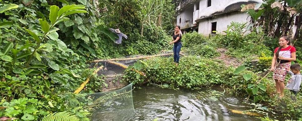 Eine junge Frau steht an einem Teich und fischt mit einem Netz.
