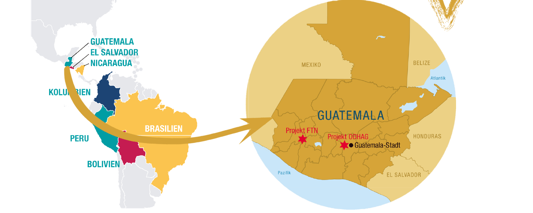 Karte Südamerika mit Zoom auf Guatemala