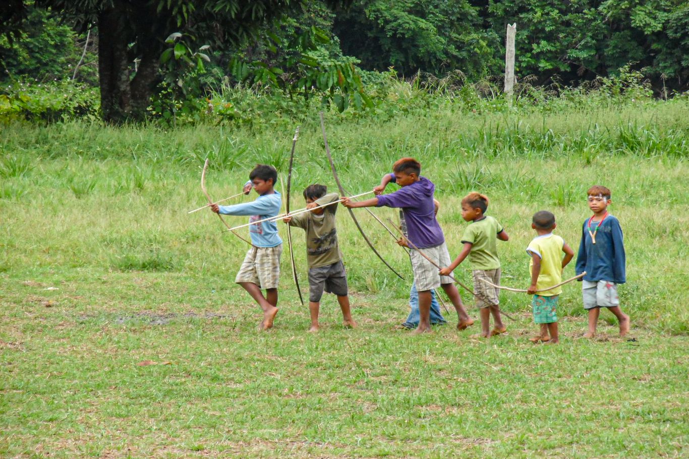 Mehrere Kinder stehen nebeneinander auf einer Wiese und halten jeweils Pfeil und Bogen in der Hand. Manche Kinder haben den Bogen gespannt. Indigenen Kindern werden Wissen und Fähigkeiten zum Leben im Regenwald vermittelt. Eigene Sprache und Bräuche, ihre Lieder und Geschichten sind wertvoll und wichtig, damit ihre Kultur erhalten bleibt.