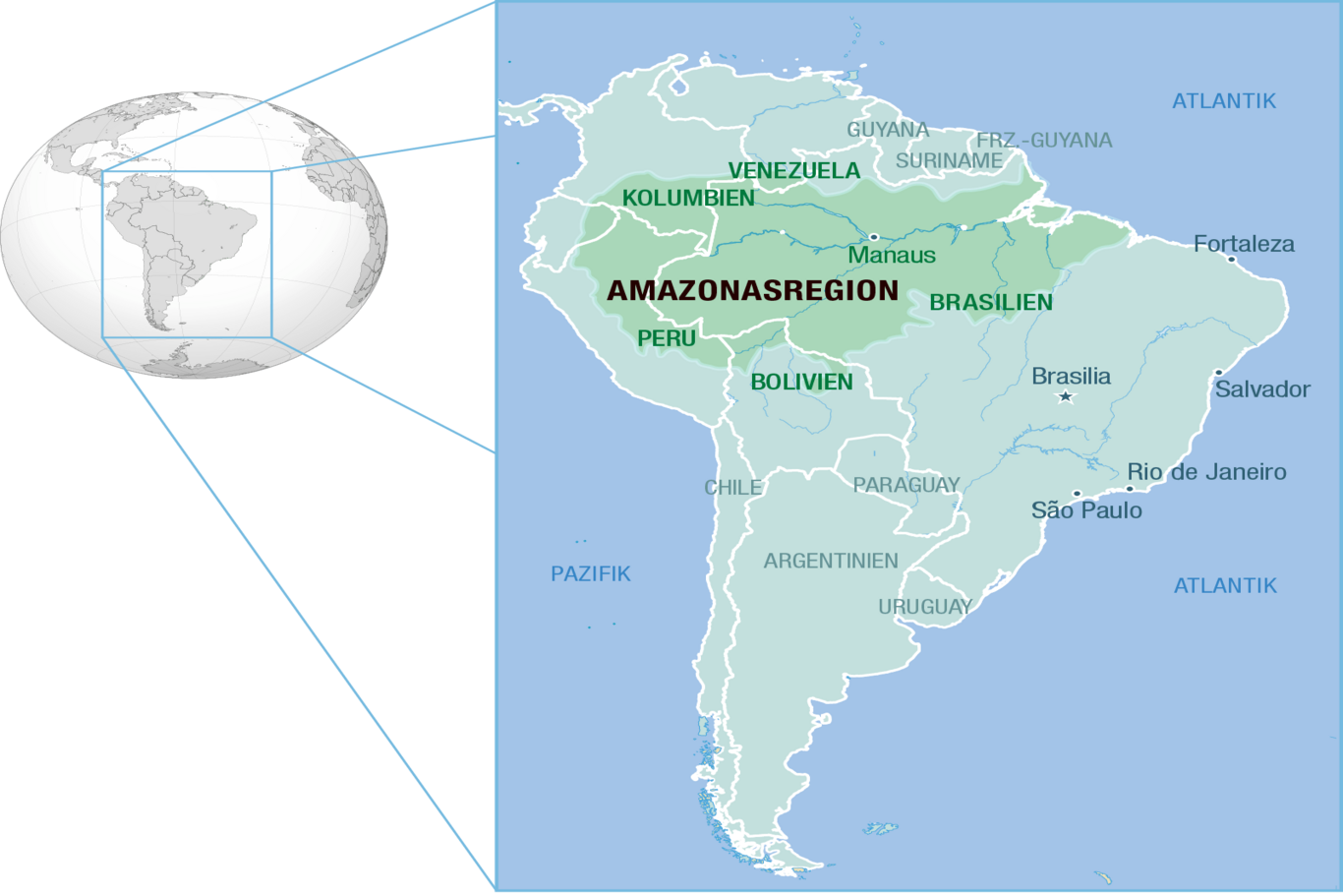 Südamerikakarte mit Hervorhebung der Amazonasregion